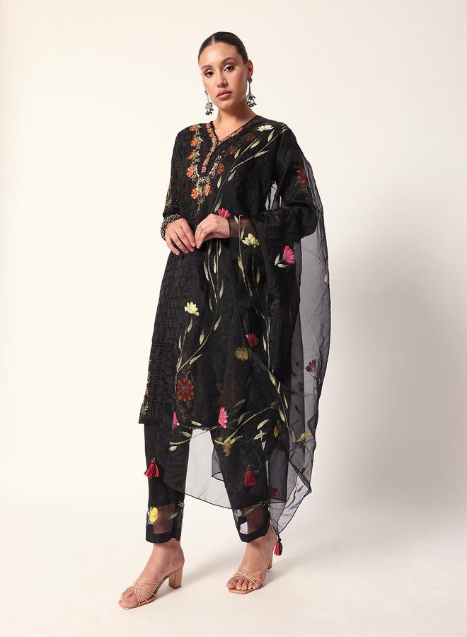 ISHIN Women's Black Cotton Textured Tunic Full Palazzo Regular Fit Kurta Set - Image 3