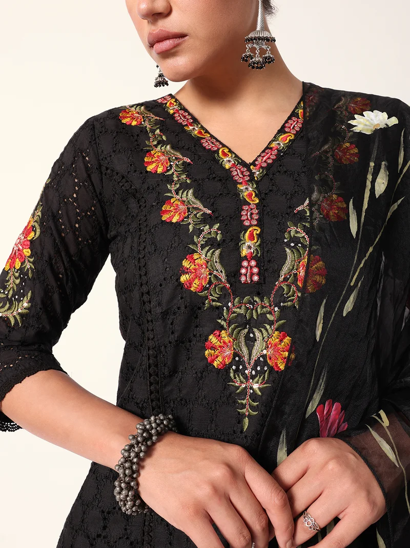 ISHIN Women's Black Cotton Textured Tunic Full Palazzo Regular Fit Kurta Set