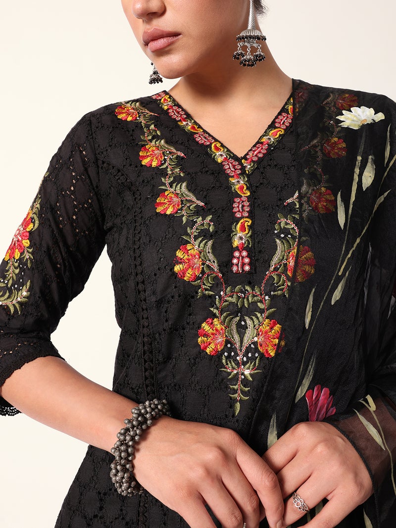 ISHIN Women's Black Cotton Textured Tunic Full Palazzo Regular Fit Kurta Set - Image 2