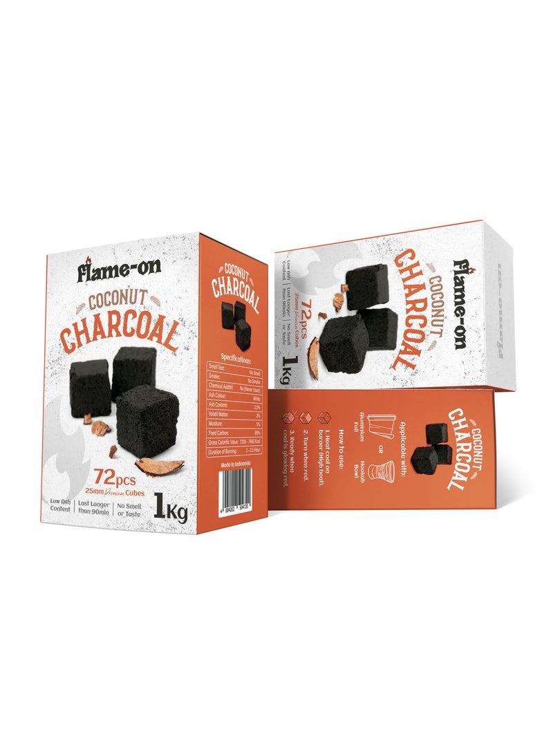 Flame-On Premium Coconut Shell Charcoal Briquettes 1Kg, 25mm Cubes x 72 Pcs with Low ash content - Image 2
