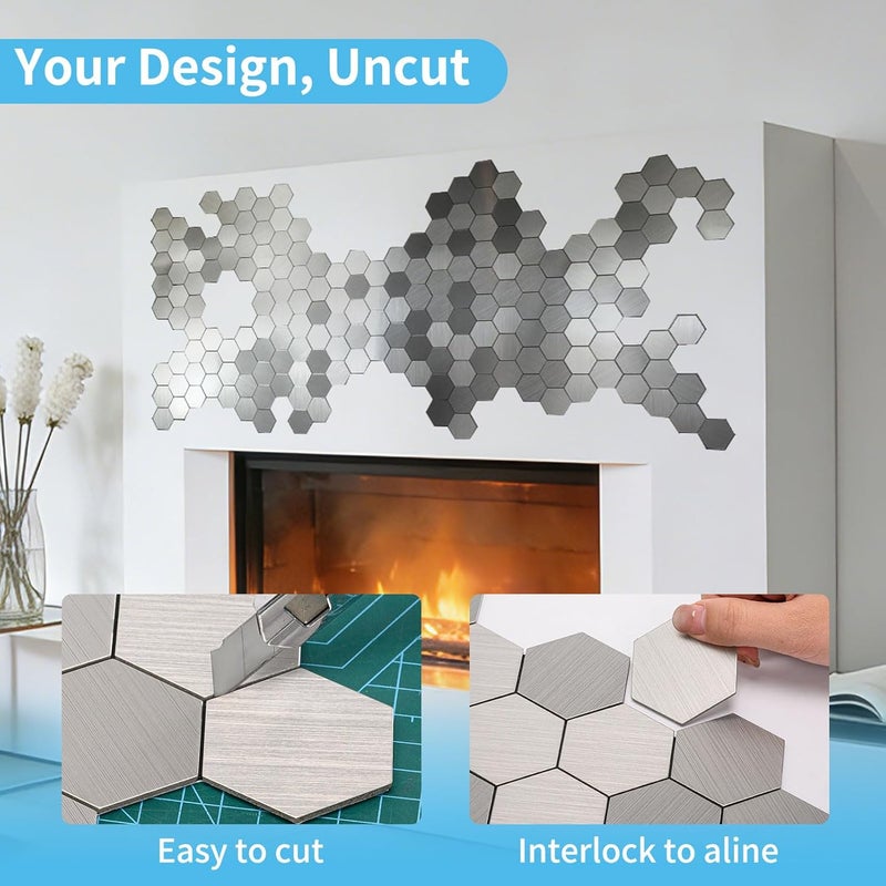 آرت3d حزمة من 10 ألواح معدنية لواجهات الحوائط ملصقة ذاتيًا من ، مقاس 12 بوصة × 12 بوصة، لون فضي على شكل سداسي - Image 4