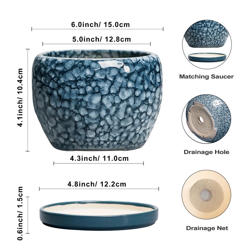 SQOWL Ceramic Pots for Plants - 6 Inch Plant Pot Indoor Outdoor, Ceramic Planter with Drainage Hole and Saucer, Decorative Round Planter, Small Flower Pot, Table Decor, Gifts for Plant Lovers, Blue - Image 3