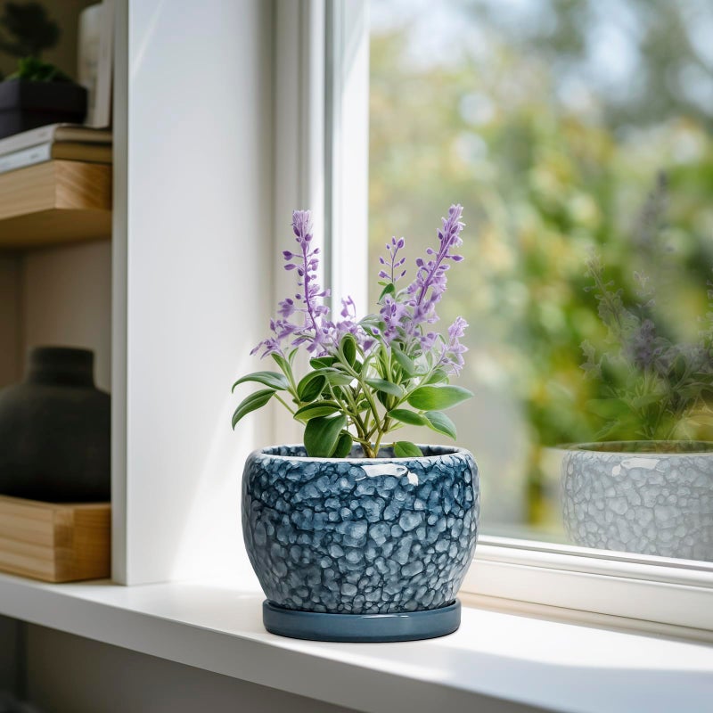 SQOWL Ceramic Pots for Plants - 6 Inch Plant Pot Indoor Outdoor, Ceramic Planter with Drainage Hole and Saucer, Decorative Round Planter, Small Flower Pot, Table Decor, Gifts for Plant Lovers, Blue - Image 2