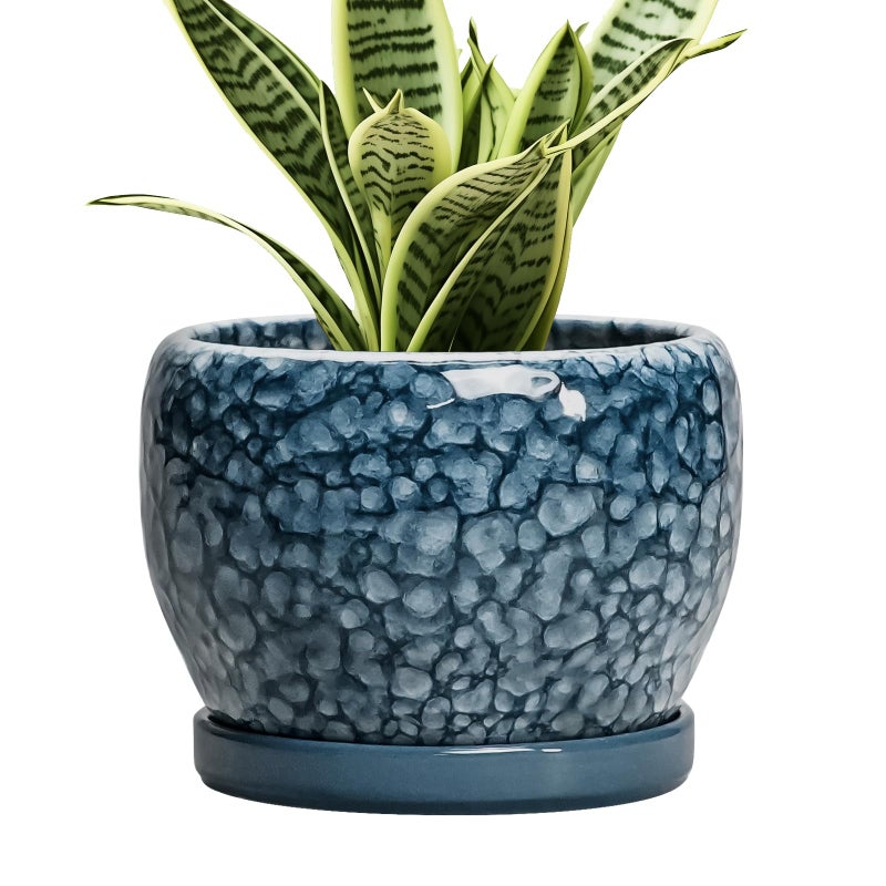 SQOWL Ceramic Pots for Plants - 6 Inch Plant Pot Indoor Outdoor, Ceramic Planter with Drainage Hole and Saucer, Decorative Round Planter, Small Flower Pot, Table Decor, Gifts for Plant Lovers, Blue - Image 1
