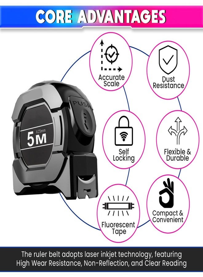 Peace Tech 5 Meter Measuring Tape with Auto-Locking and Retracting Feature, Heavy Duty Unbreakable ABS Case with Belt Clip- One-Man Operation, Measure in Inch & Centimeters. - Image 2