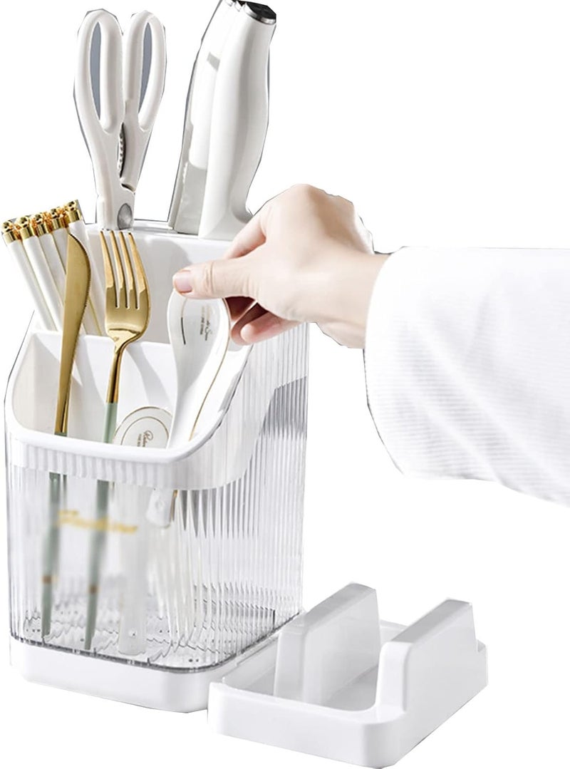Multi-Compartment Kitchen Utensil Holder With Drain Base - Cutlery Organizer for Forks, Knives, Chopsticks & Tools  - Image 1