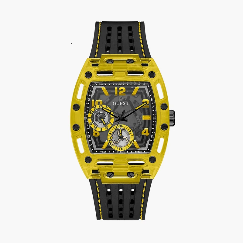 جس Guess Men's Black Chronograph Watch with Yellow Accents