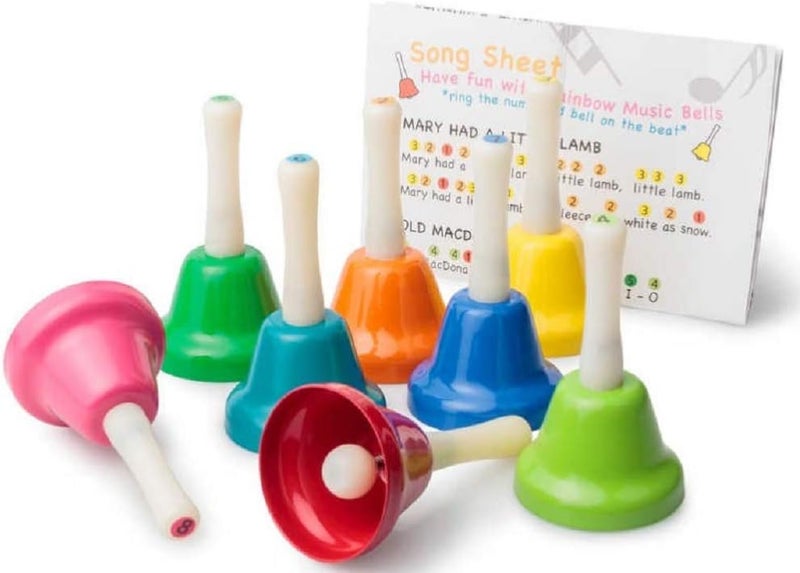 Tobar Rainbow Music Bells - 8 Colorful Hand Bells with Song Sheet - Image 1
