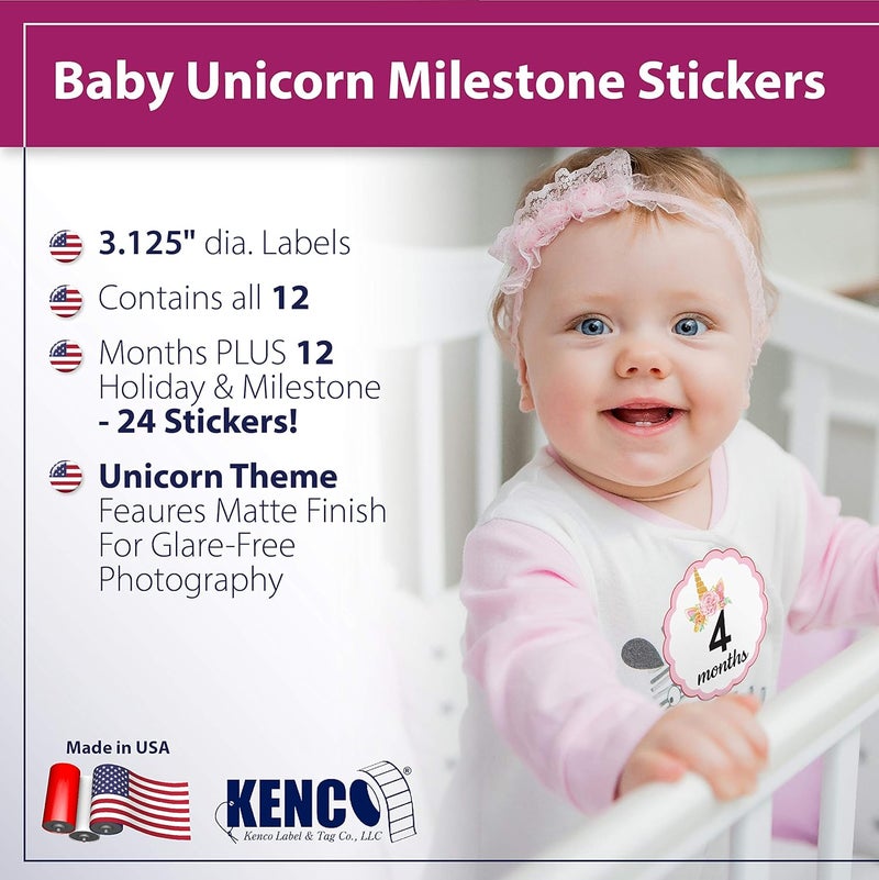 KENCO 24 عبوة ملصقات شهور الأطفال وملصقات الإنجازات من كينكو تتبع أول سنة لطفلك شهرًا بشهر والعطلات متاحة للأولاد والبنات بنات يونيكورن - Image 2