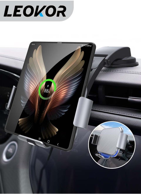 Dual Coil Wireless Car Charger,for Galaxy Z Fold 5/Fold 4/Fold 3/Fold 2,Fast Charging Phone Holder for Galaxy Z Fold 2,Landscape Mobile Phone Mount(Steel Gray)