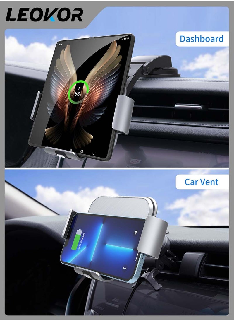 Dual Coil Wireless Car Charger,for Galaxy Z Fold 5/Fold 4/Fold 3/Fold 2,Fast Charging Phone Holder for Galaxy Z Fold 2,Landscape Mobile Phone Mount(Steel Gray)