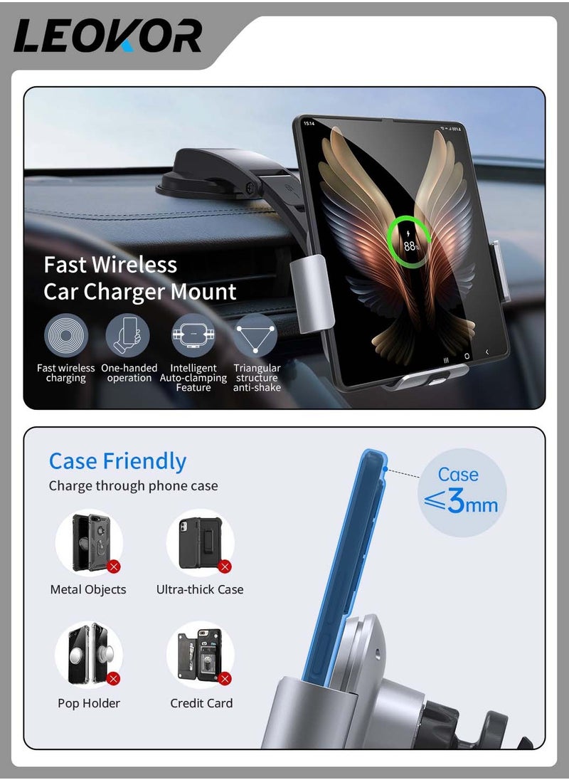 Dual Coil Wireless Car Charger,for Galaxy Z Fold 5/Fold 4/Fold 3/Fold 2,Fast Charging Phone Holder for Galaxy Z Fold 2,Landscape Mobile Phone Mount(Steel Gray)