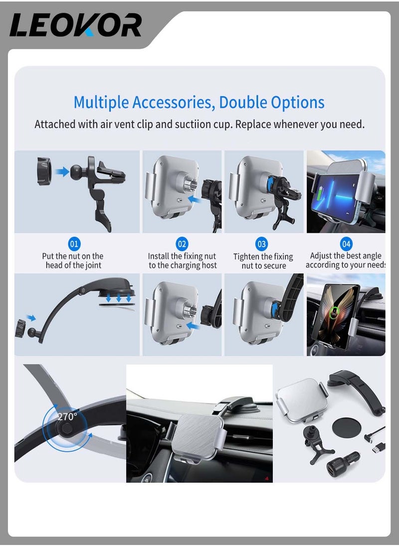 Dual Coil Wireless Car Charger,for Galaxy Z Fold 5/Fold 4/Fold 3/Fold 2,Fast Charging Phone Holder for Galaxy Z Fold 2,Landscape Mobile Phone Mount(Steel Gray)