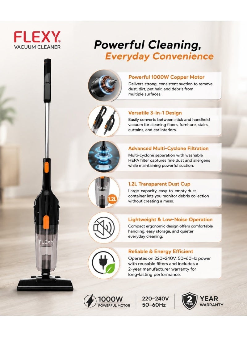 FLEXY FVC612ST 3-in-1 Vacuum Cleane1000W Powerful Suction, 1.2L Dust Cup, HEPA & Washable Filter, Multi Cyclone Separation, Low Noise Design, Lightweight Stick Vacuum with Multilayer Filtration, 220-240V, 2-Year Warranty - Image 2