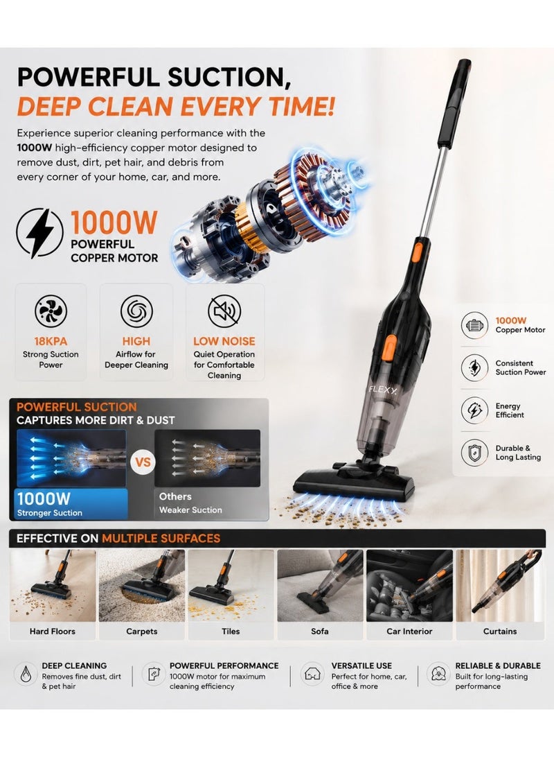 FLEXY FVC612ST 3-in-1 Vacuum Cleane1000W Powerful Suction, 1.2L Dust Cup, HEPA & Washable Filter, Multi Cyclone Separation, Low Noise Design, Lightweight Stick Vacuum with Multilayer Filtration, 220-240V, 2-Year Warranty - Image 3