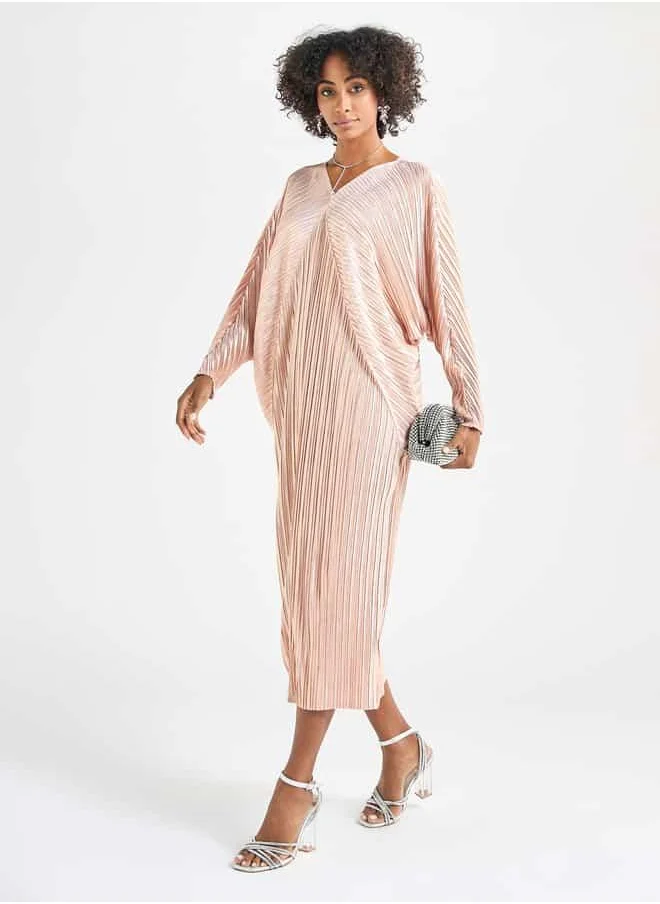 FAV All-Over Pleated V-neck Dress with Extendable Sleeves