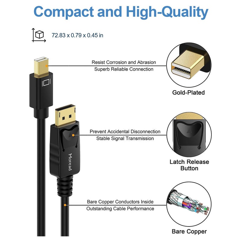 Moread كابل Mini DisplayPort إلى DisplayPort مطلي بالذهب (Thunderbolt إلى DP) ذكر إلى ذكر جاهز بدقة 4K - 6 أقدام، أسود - Image 3