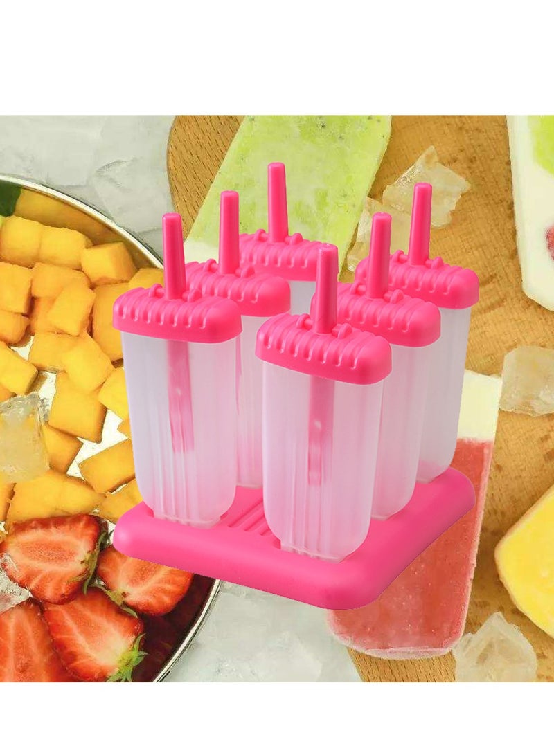 6 Cells Ice Lolly Moulds Reusable DIY Frozen Ice Cream Pop Lolly Maker with Cleaning Brush and Silicone Folding Funnel (Rosered)