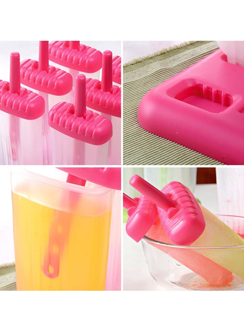 6 Cells Ice Lolly Moulds Reusable DIY Frozen Ice Cream Pop Lolly Maker with Cleaning Brush and Silicone Folding Funnel (Rosered)
