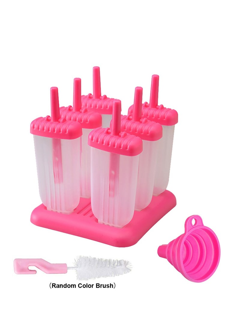 6 Cells Ice Lolly Moulds Reusable DIY Frozen Ice Cream Pop Lolly Maker with Cleaning Brush and Silicone Folding Funnel (Rosered)