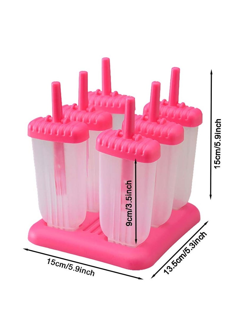 6 Cells Ice Lolly Moulds Reusable DIY Frozen Ice Cream Pop Lolly Maker with Cleaning Brush and Silicone Folding Funnel (Rosered)