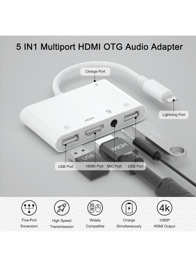 iPhone Microphone Adapter for Live Streaming, HDMI Adapter for iPhone to TV, Dual USB Socket OTG Adapter with Charging Port, Compatible with iPhone/iPad/iPod, No Application, Plug and Play - Image 2