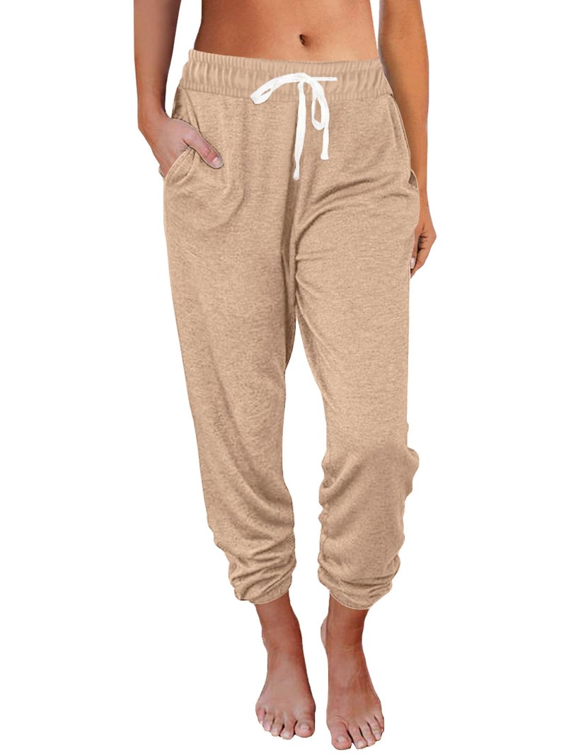 AUTOMET Womenâ€˜s High-Waisted Sweatpants with Pockets, Loose Lounge & Pajama Pants for Fall, Winter, Spring Yoga Travel Camel XL - Image 1