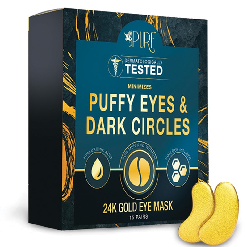 أقنعة علاج العين من LA PURE 24K الذهبية - لاصقات تحت العين، علاج أكياس تحت العين، قناع للعيون المنتفخة، مضاد للتجاعيد، دوائر داكنة، وسادات هلامية 15 زوجاً
