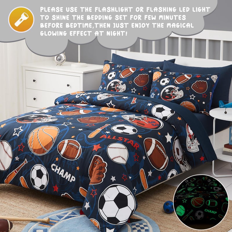 Kaleido Space Full Kids Comforter Set - 7 Pieces Full Bedding Sets for Boys Teen, Glow in The Dark Sports Ball Games Bed in A Bag with Sheets - Image 3