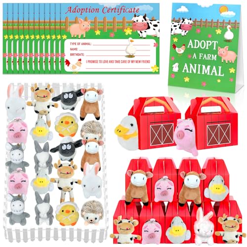Jiytivity 63 Pcs Farm Animal Party Favors Include 20 Mini Stuffed Animals 20 Foldable Farm Boxes 20 Adoption Card 1 Adopt Sign 2 Fence for Adopt a Farm Animal Adopt a Pet Party Favors - Image 1