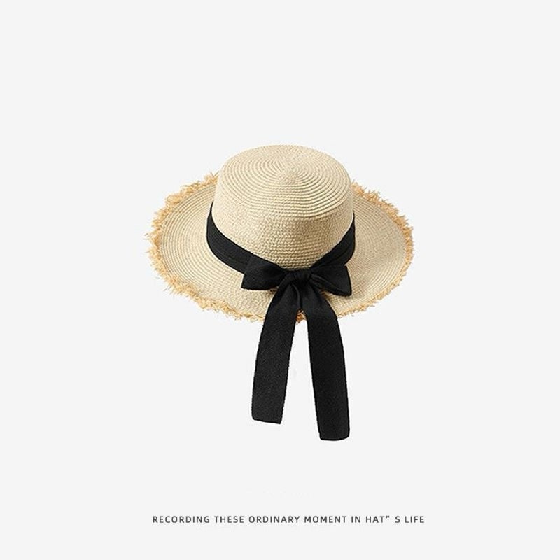 New French Flat Top Hat for Women - Large Size Beach Holiday Sun Hat with Wide Brim