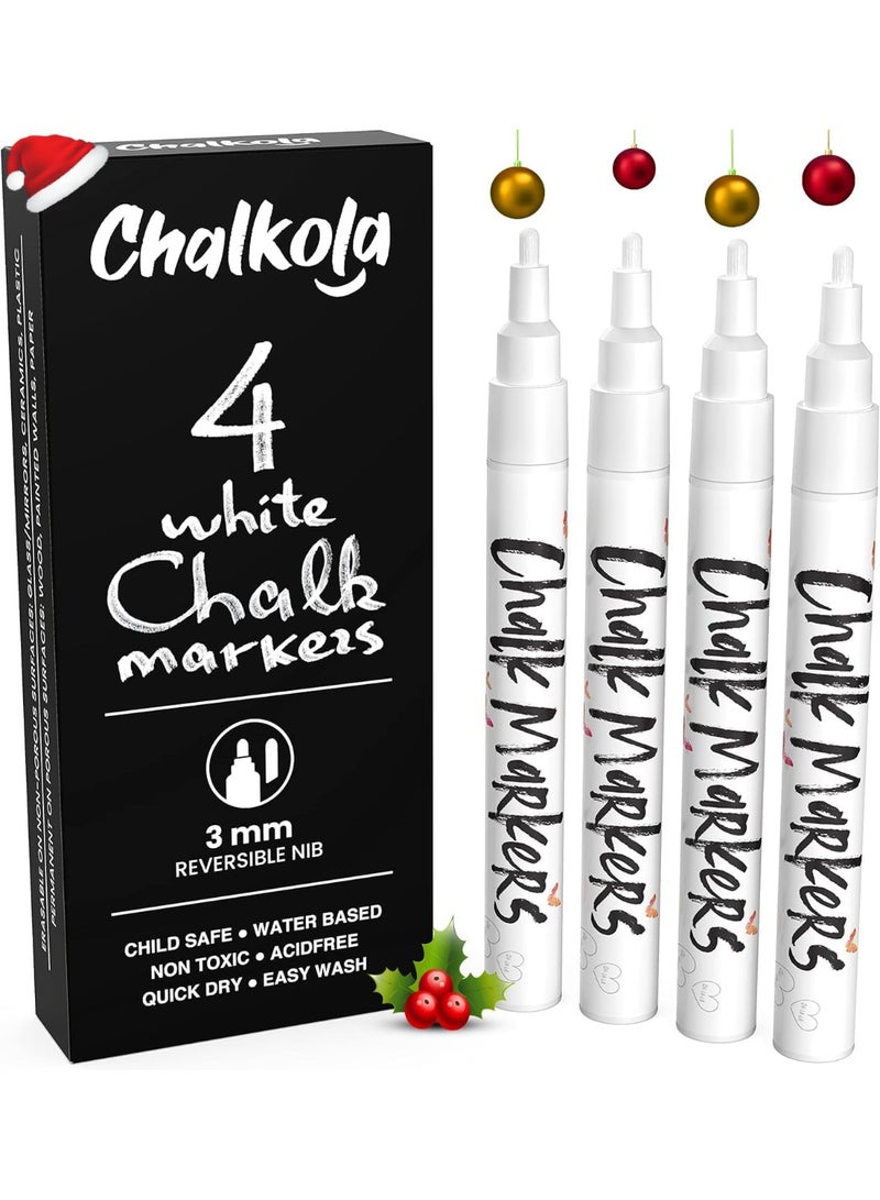 Chalkola Markers طباشير بيضاء رفيعة (4 عبوات 3 مم) - أقلام طباشير قابلة للمسح الرطب والجاف للسبورة، السبورات، النوافذ، اللافتات، الزجاج، البسترو - نقطة عكسية 3 مم وشفرة - Image 2