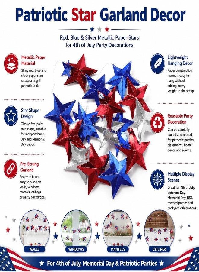Baluue Patriotic Star Streamers Banner Garland Decorations for 4th of July, Hanging Stars Banner Streamers for Independence Day Memorial Day Party Decorations - Image 2