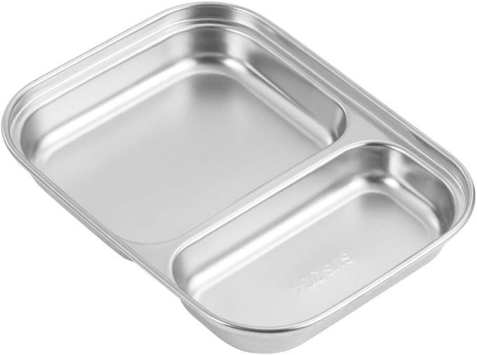 TWO GRID STAINLESS STEEL SAUCE PLATE COMPARTMENT LUNCH BOX STAINLESS STEEL DIVIDED FOOD SERVING TRAY FRUIT ALDULT STUDENT 304 STAINLESS STEEL PARTITION PLATE 2 COMPARTMENT DINNER PLATE