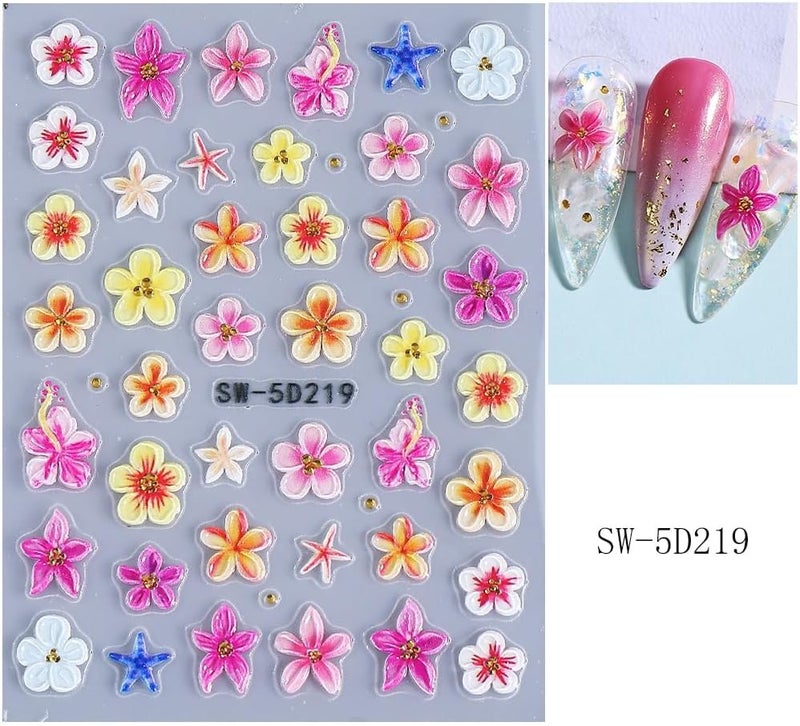 Maigitur Flower Nail Stickers 5D Colorful Floral Nail Decals Tropical Summer Pink Yellow Nail Designs Cute Starfish Nails Supplies 3D Self Adhesive Beach Hawaii Sticker Decals for Women DIY Manicure 3 Sheets - Image 4