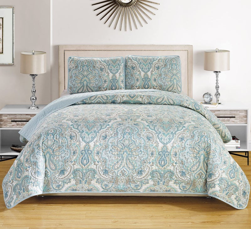 Grand Linen 3Piece Fine Printed Oversize 118 X 95 Set Reversible Bedspread Coverlet California Cal King Size Bed Cover Pale Blue Grey Paisley 