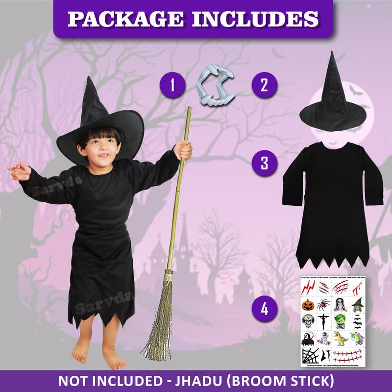 Sarvda Hosiery, Velvet, And Satin Halloween Costume For Girls | Halloween Black Witch Dress For Kids | Witch Hat | Dracula Teeth | Makeup Tattoo | For 4 To 5 Year Kids - Image 2
