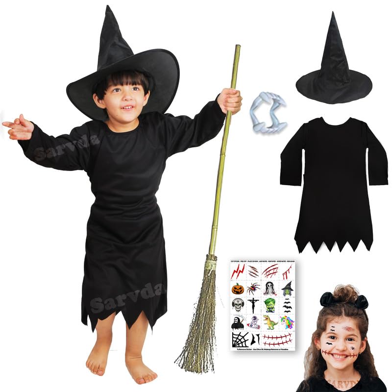 Sarvda Hosiery, Velvet, And Satin Halloween Costume For Girls | Halloween Black Witch Dress For Kids | Witch Hat | Dracula Teeth | Makeup Tattoo | For 4 To 5 Year Kids - Image 1