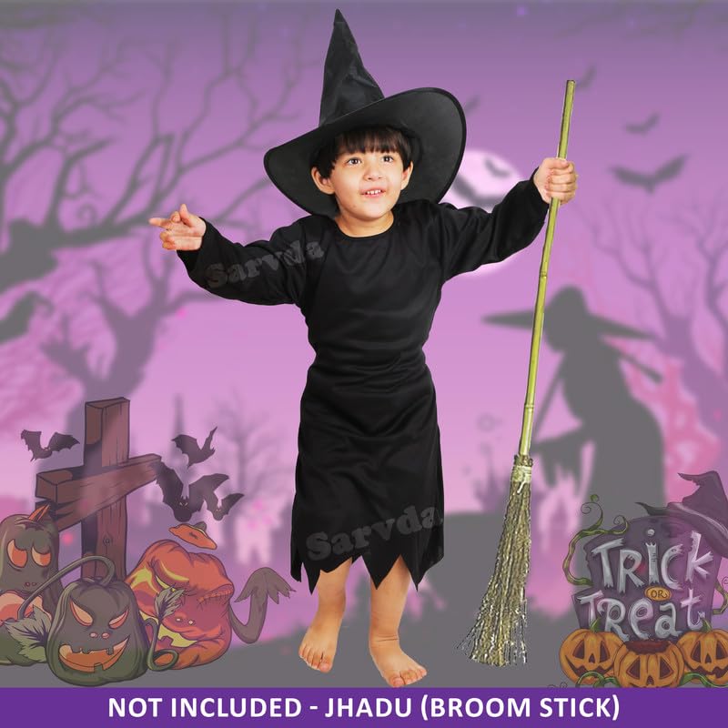 Sarvda Hosiery, Velvet, And Satin Halloween Costume For Girls | Halloween Black Witch Dress For Kids | Witch Hat | Dracula Teeth | Makeup Tattoo | For 4 To 5 Year Kids - Image 3