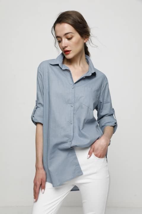 Minibee Women's Linen Blouse High Low Shirt Roll-Up Sleeve Tops Blue XL - Image 4
