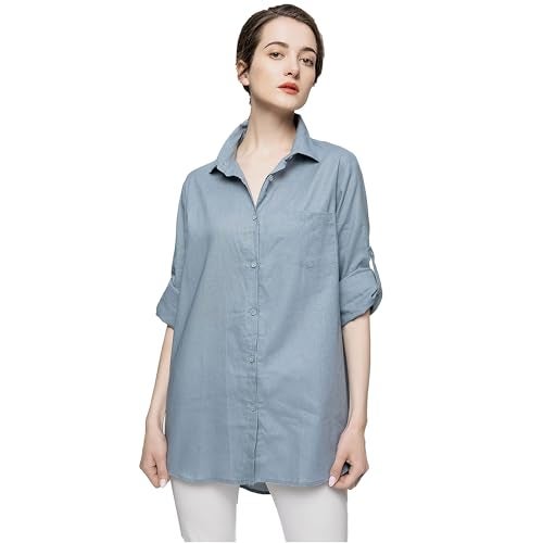 Minibee Women's Linen Blouse High Low Shirt Roll-Up Sleeve Tops Blue XL - Image 3