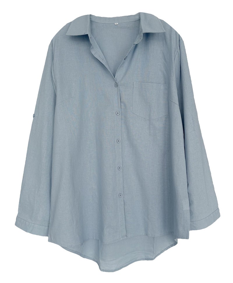 Minibee Women's Linen Blouse High Low Shirt Roll-Up Sleeve Tops Blue XL - Image 2