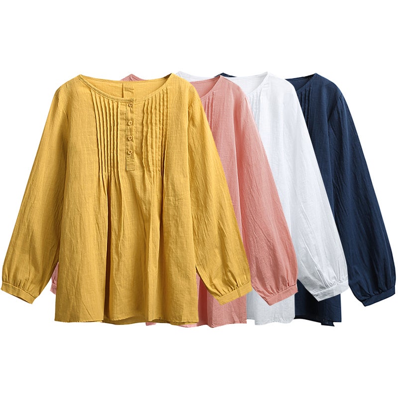 Casual Women Cotton Blouse O-Neck Long Sleeve Button Solid Loose Tee Shirt Tops - Image 3