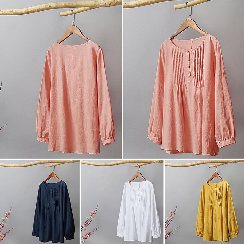 Casual Women Cotton Blouse O-Neck Long Sleeve Button Solid Loose Tee Shirt Tops - Image 2