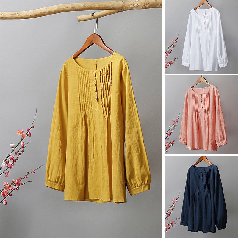 Casual Women Cotton Blouse O-Neck Long Sleeve Button Solid Loose Tee Shirt Tops - Image 4