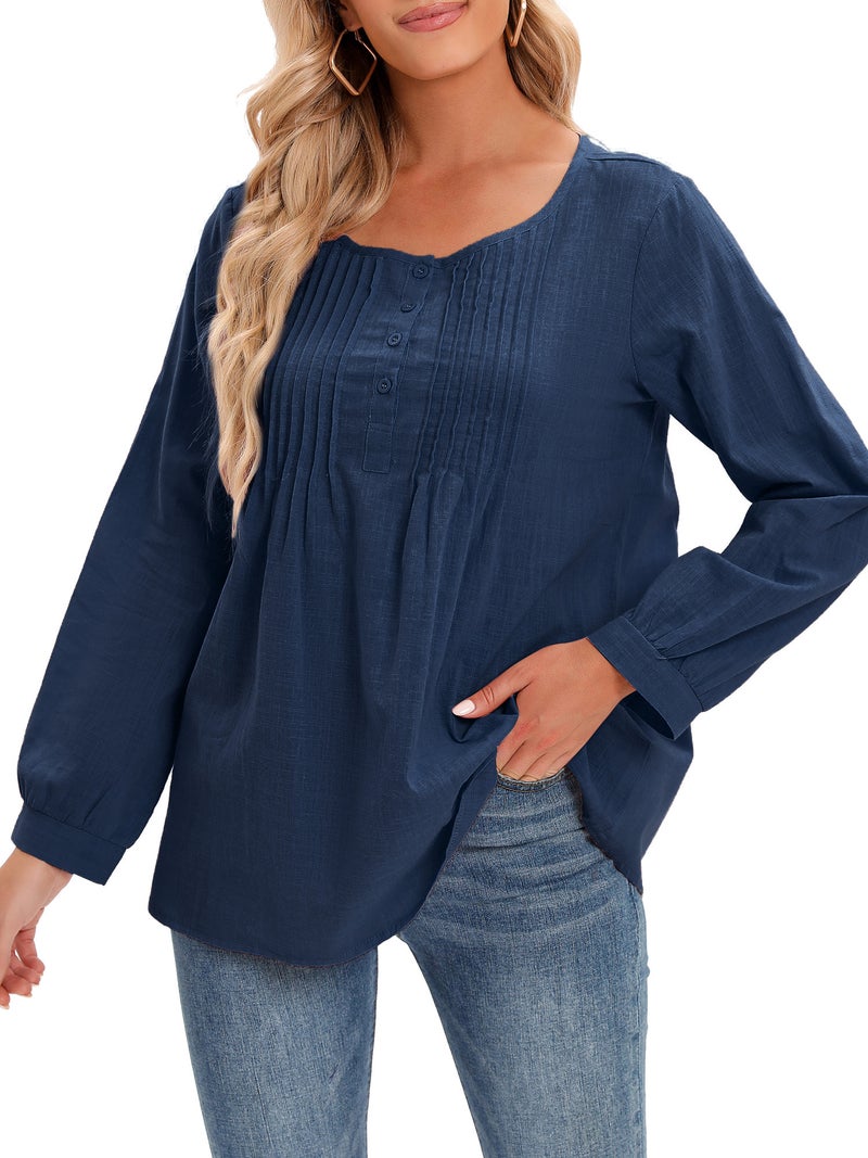 Casual Women Cotton Blouse O-Neck Long Sleeve Button Solid Loose Tee Shirt Tops - Image 1