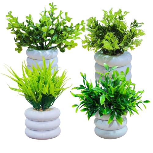 Go Hooked Artificial Mini Plant (4 Pack) | Small Faux Plants Home & Office Decor, Living Room, Bedroom, Tabletop & Shelves | Small Potted Plants | Stylish Round Pot - Image 1