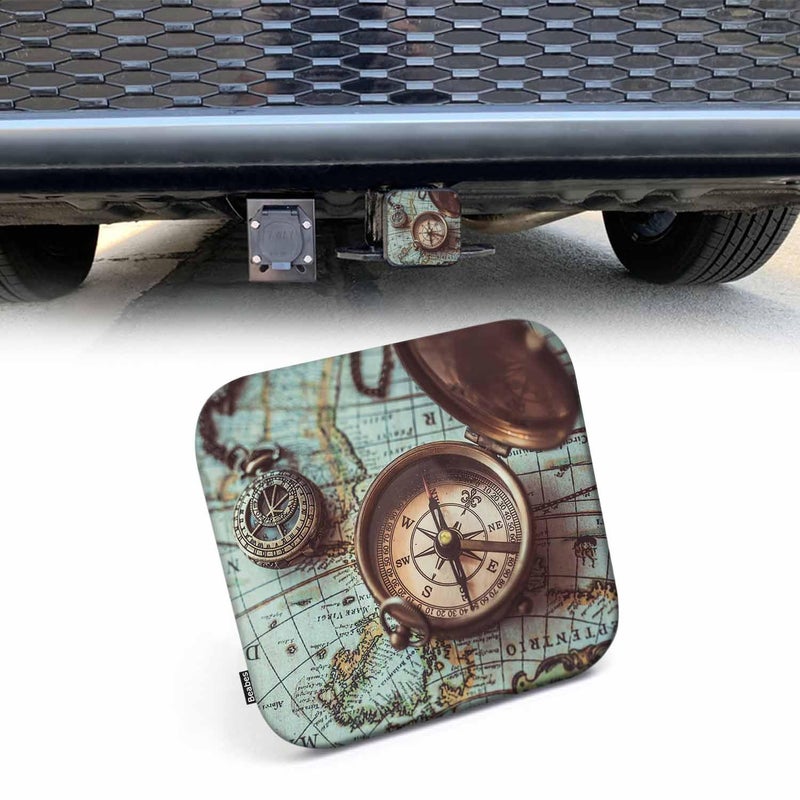 Beabes Trailer Hitch Covers Compass  Ancient World Map Compass Necklace Anti-Loss Hitch Cover Fits 2"" Hitch Receivers for Trucks  Tough Receiver Tube Hitch Cover Plug for Cars - Image 1