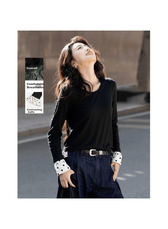 dme Demana Autumn Intellectual Commuter Crew Neck Colorblock Patchwork Printed Slimming Women's T-shirt - Image 1