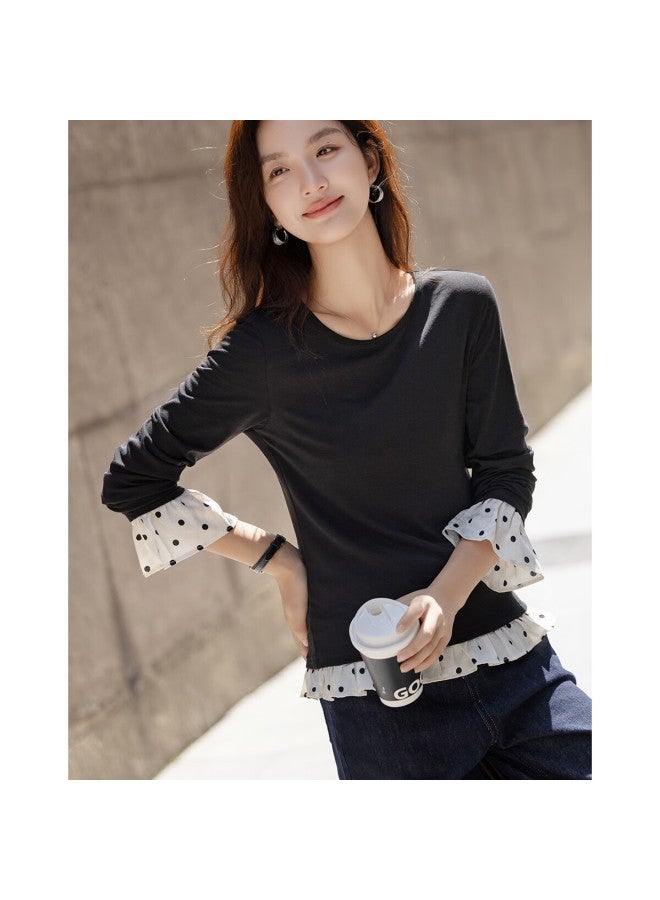 dme Demana Autumn Intellectual Commuter Crew Neck Colorblock Patchwork Printed Slimming Women's T-shirt - Image 2